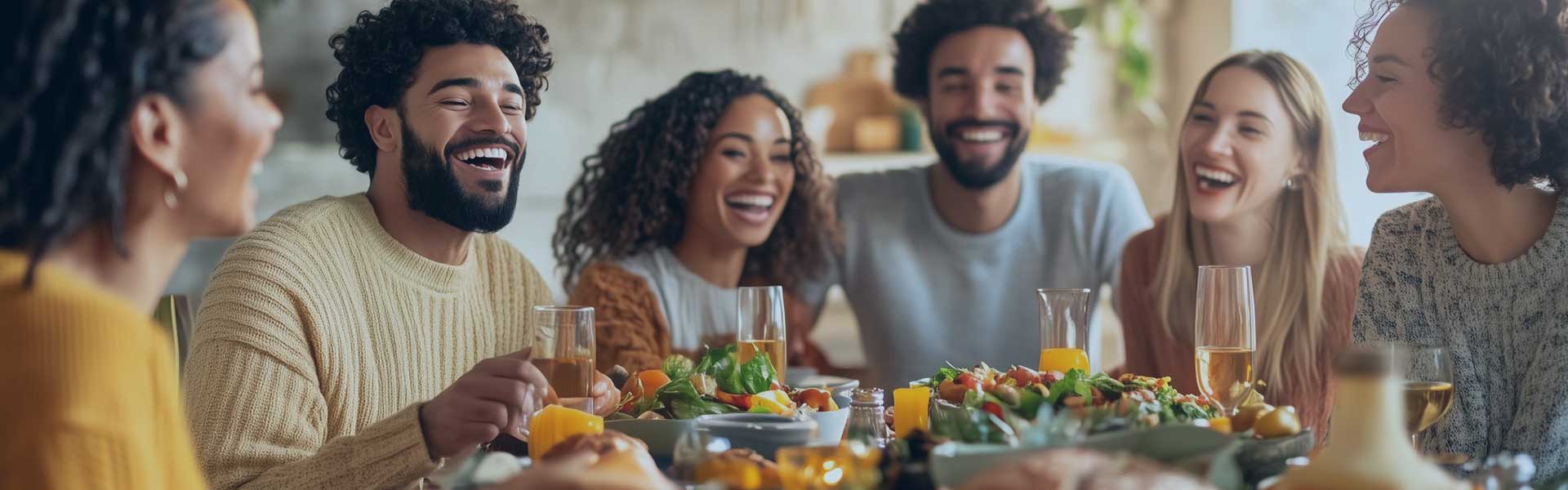 Group of friends at a table full of food