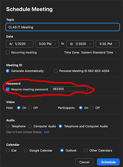 Zoom schedule a meeting screen