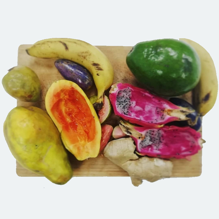 Fruit on a wooden cutting board