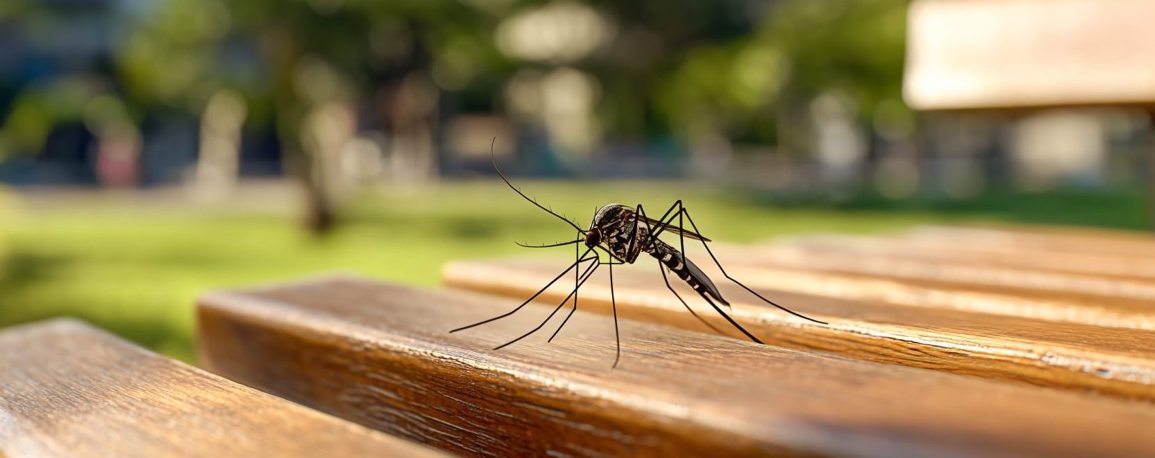 Image of mosquito with city landscape in background.