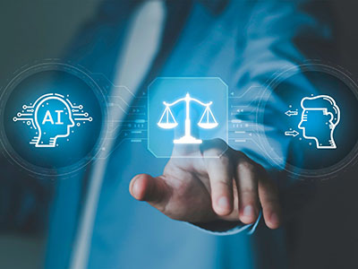 A human hand reaching toward three logos: a human head, a head labeled with "AI" and a justice weighing scale