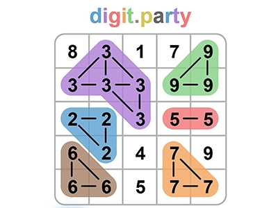Number puzzle from digit.party featuring a grid of digits with some grouped together by colored shapes and connecting lines